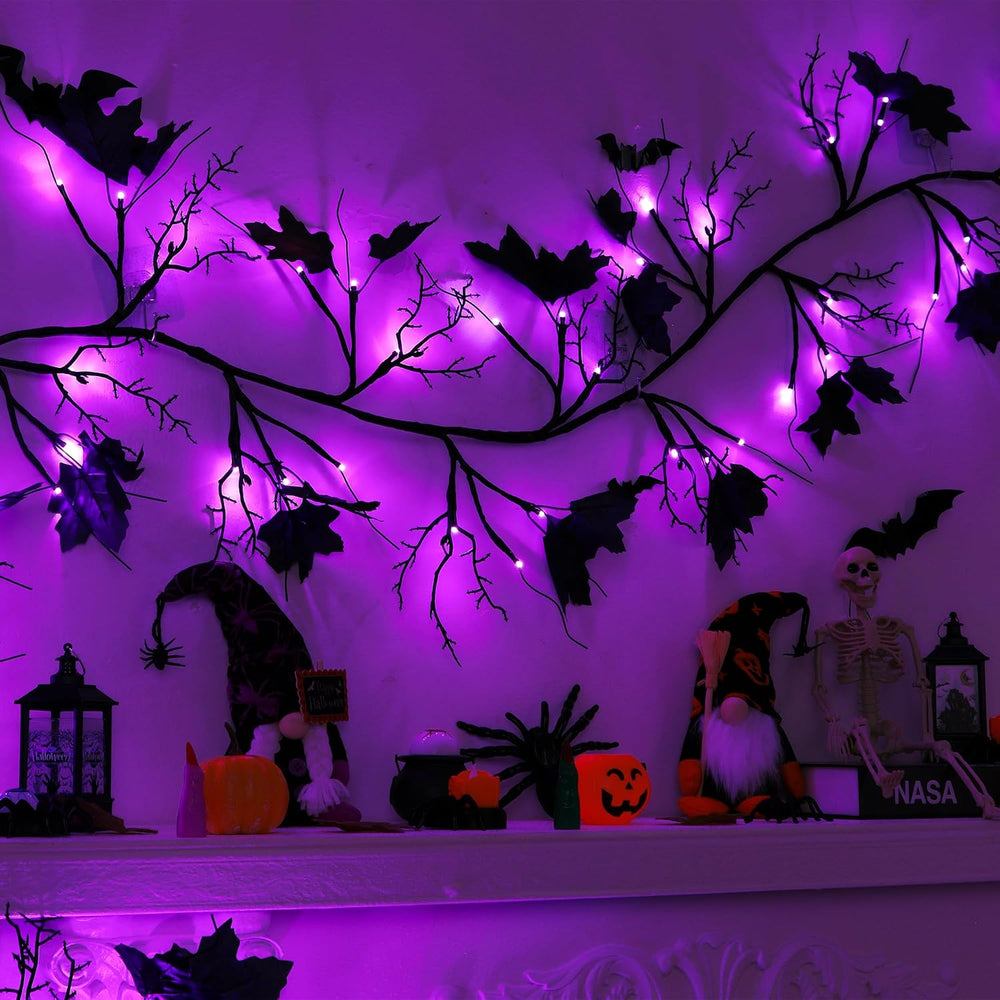 9 FT 72 LED Willow Vine Twig Decor Black Halloween Garland with Purple Lights...