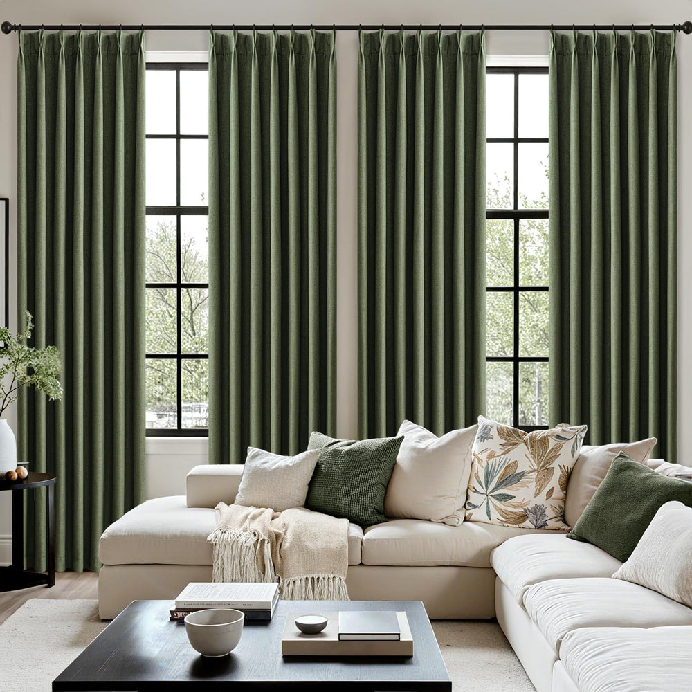 MIULEE Olive Green Pinch Pleated 100% Blackout Linen Curtains 40x96 Inches