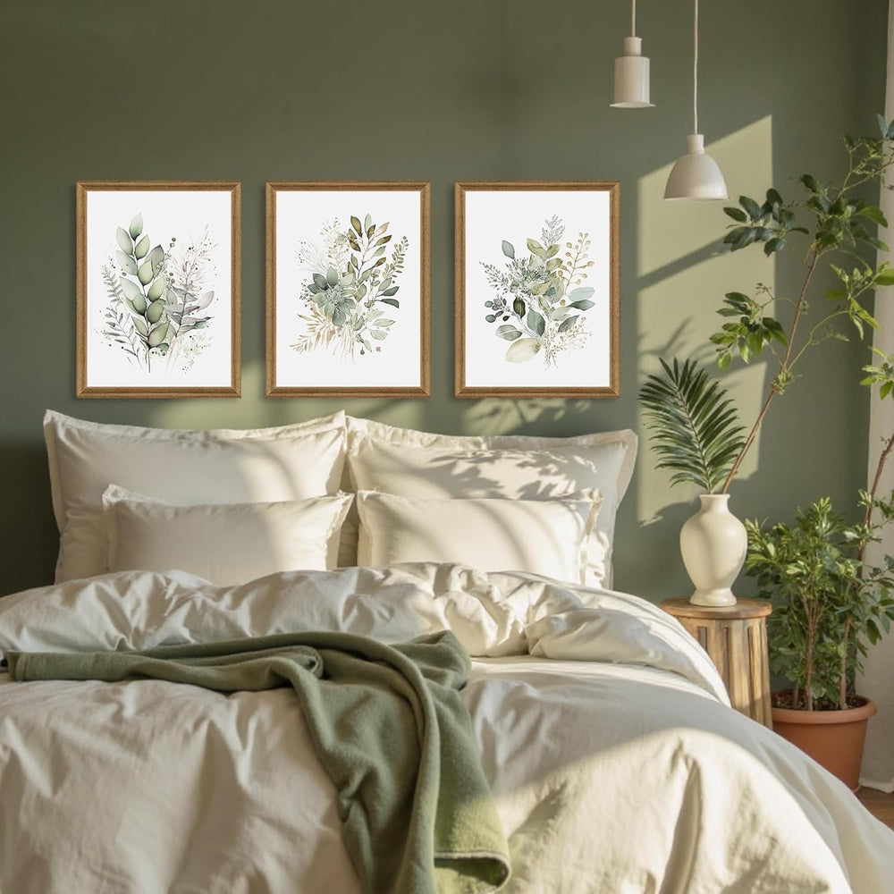 WRFON Framed Sage Green Botanical Wall Art Set of 3, Watercolor Eucalyptus &a...