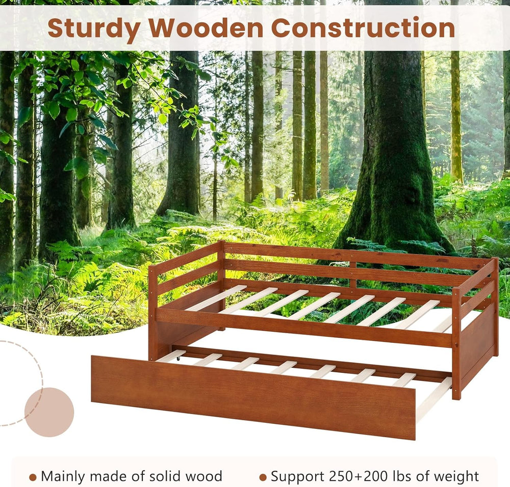 GIANTEX Twin Daybed with Trundle, Wood Trundle Bed with Wood Slat Support, Mi...
