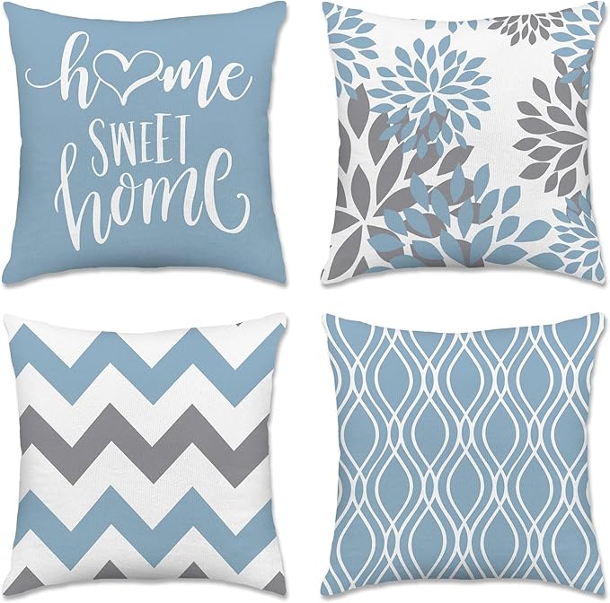 Hexagram Geometric Aqua Blue Pillow Covers 18x18 Set of 4, Decorative Outdoor by Hexagram