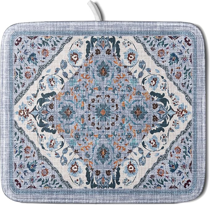 Boho Flower Dish Drying Mat Blue Bohemian Dishes Drainer Rack Mat 16x18 Inch by Giwawa