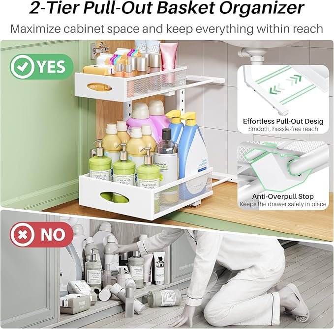 Under Sink Organizer, L-Shaped Adjustable Height, Mesh Sliding Drawer - Image 4