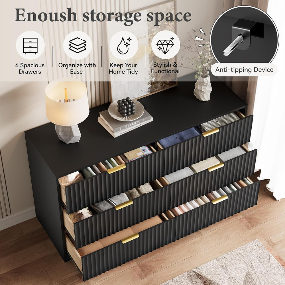 55" Wide Fluted Dresser for Bedroom with 6 Drawers, Black