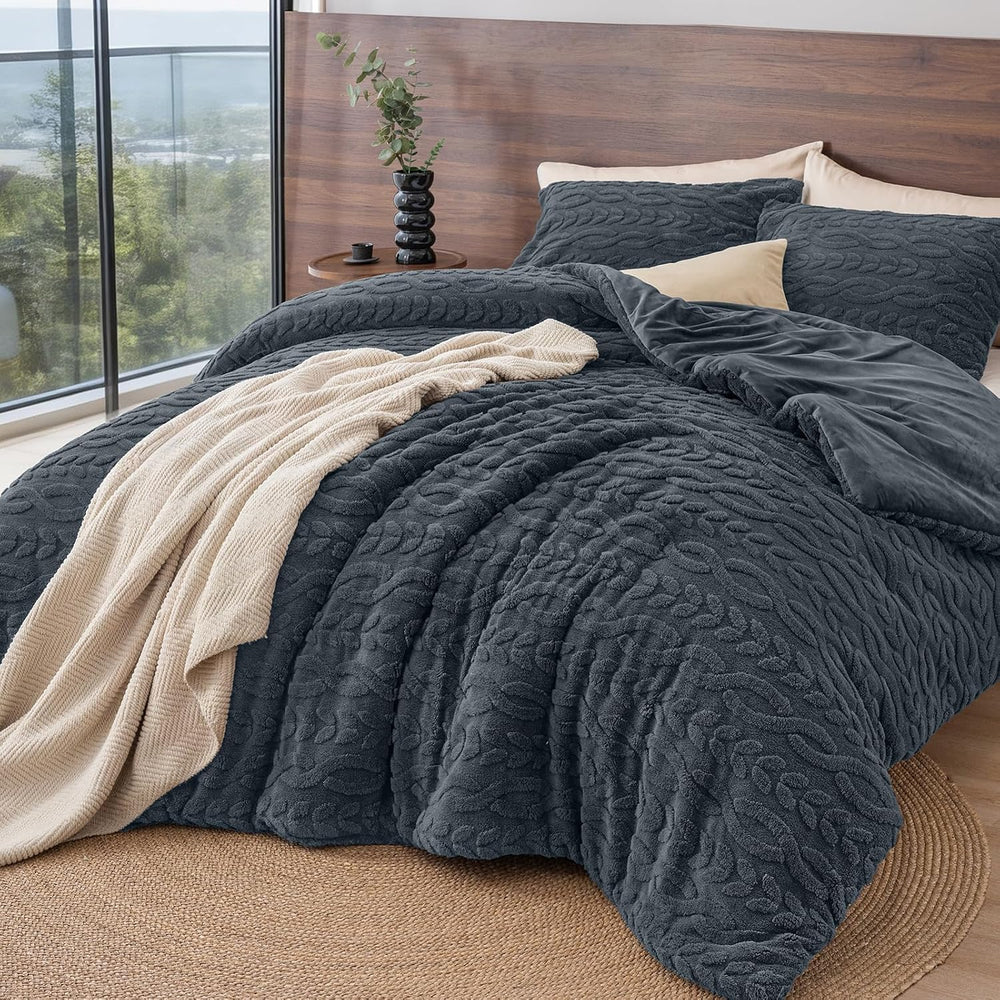 PHF Fluffy Sherpa Fleece Queen Comforter Set, 3 Pieces Warm Fuzzy Soft Beddin...