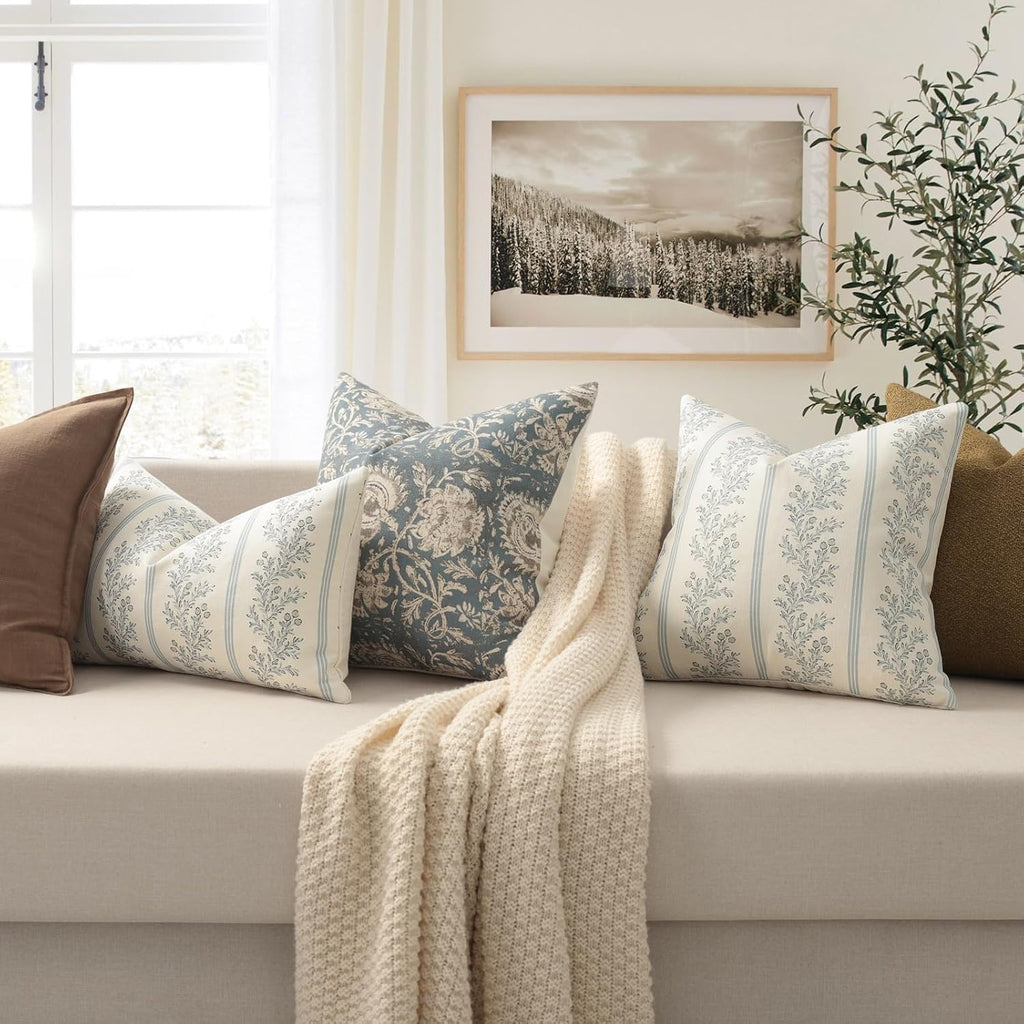 Vintage Throw Pillow Covers 18x18 Set of 2, Striped Floral Pillow Cover Botanical Patterned Decorative Cushion Covers Modern Farmhouse Home Decor for Sofa Couch Bed Living Room, Light Blue