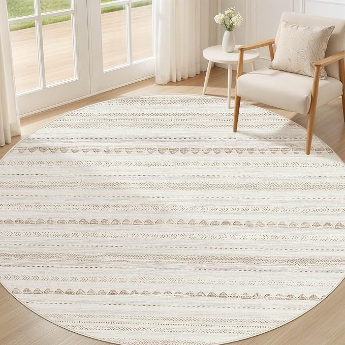 Nakagishi Round Rug Boho Area Rugs: 4x4 Washable Large Circle Neutral Soft by NakagishiAreaRug