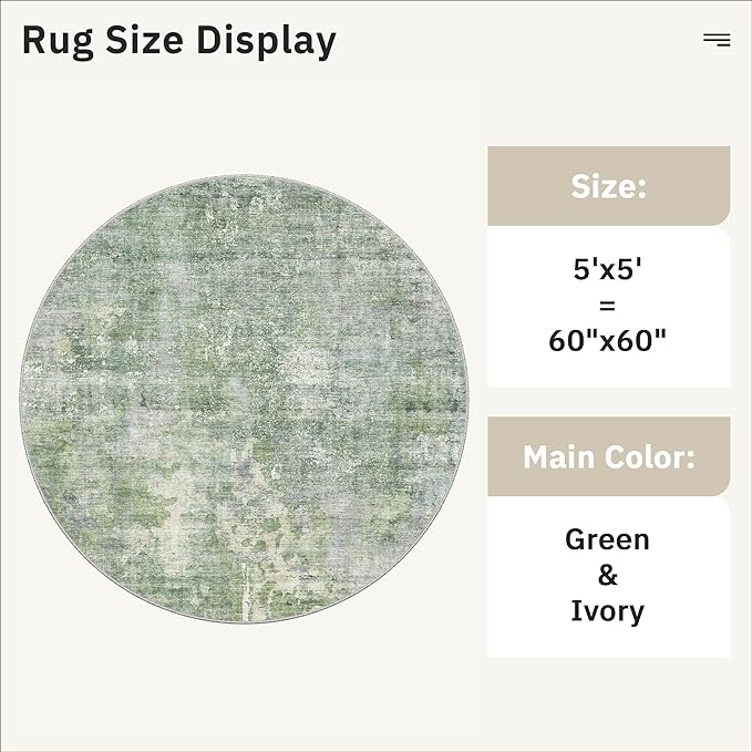 Soalmost 5x5 Green/Ivory Round Rug 5ft Living Room Circle Rug Vintage Round - Image 5