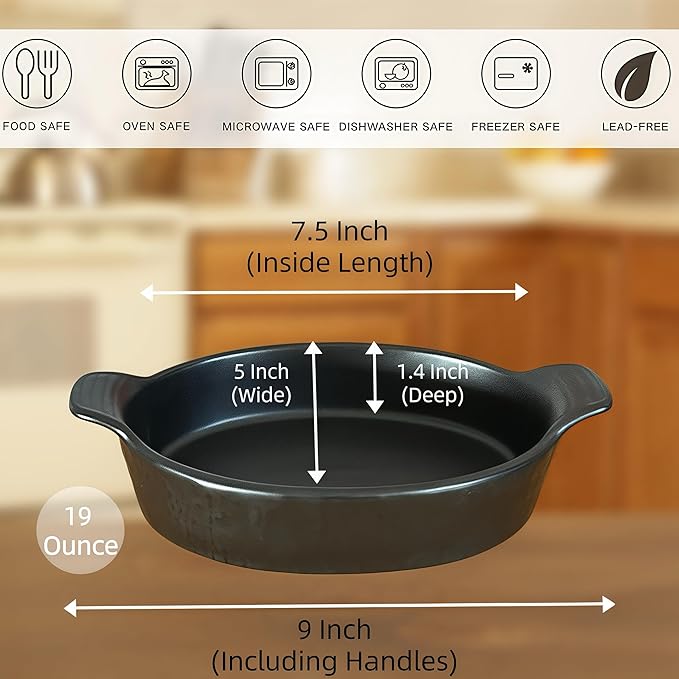 Oval Au Gratin Baking Dishes Set of 4 9" x 5" 19 oz matte black Ceramic Oven - Image 2