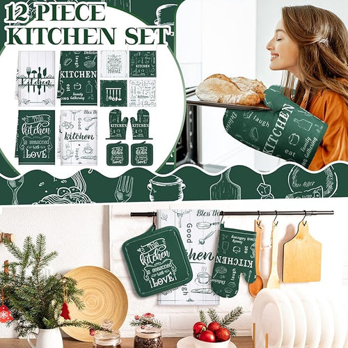 12 Pcs Farmhouse Kitchen Decor and Accessories Sets 4 Green Kitchen Towels 4 - Image 2