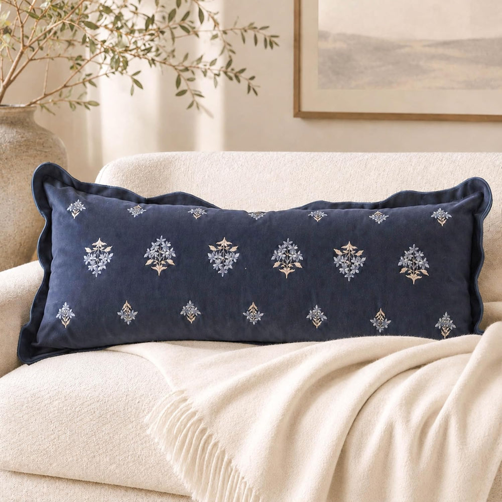 BlissBlush Long Lumbar Pillow Cover 14x36 for Bed, Navy Blue Velvet Decorativ...