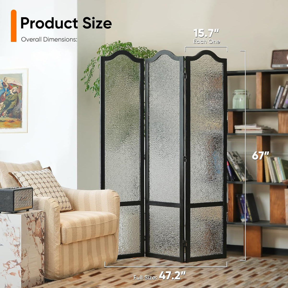 jostyle acrylic room divider, black, 3-panel, 67" h shown in use