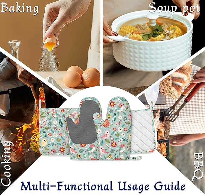 Birds Floral Potholders & Oven Mitts Sets Colourful Flowers Silicone Heat - Image 7