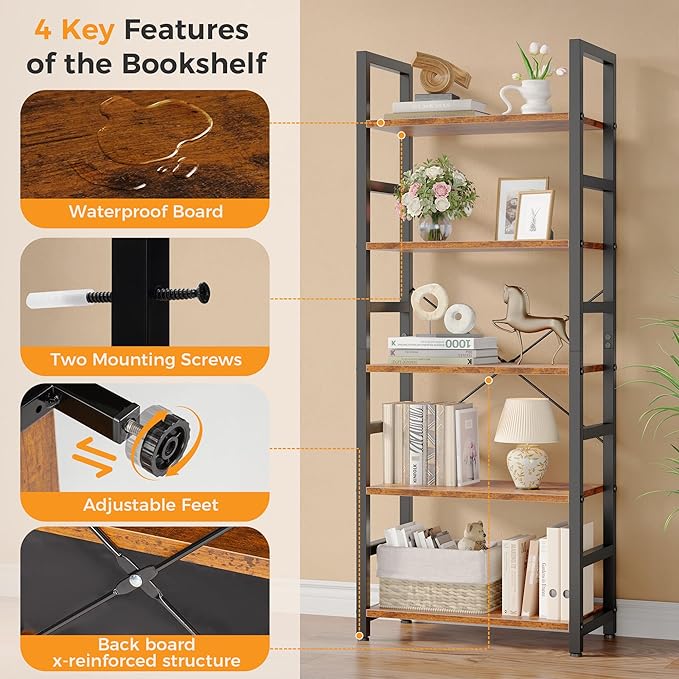 DUMOS 5-Tier Bookshelf, Modern Tall Bookcase, Open Storage Display Shelf - Image 8