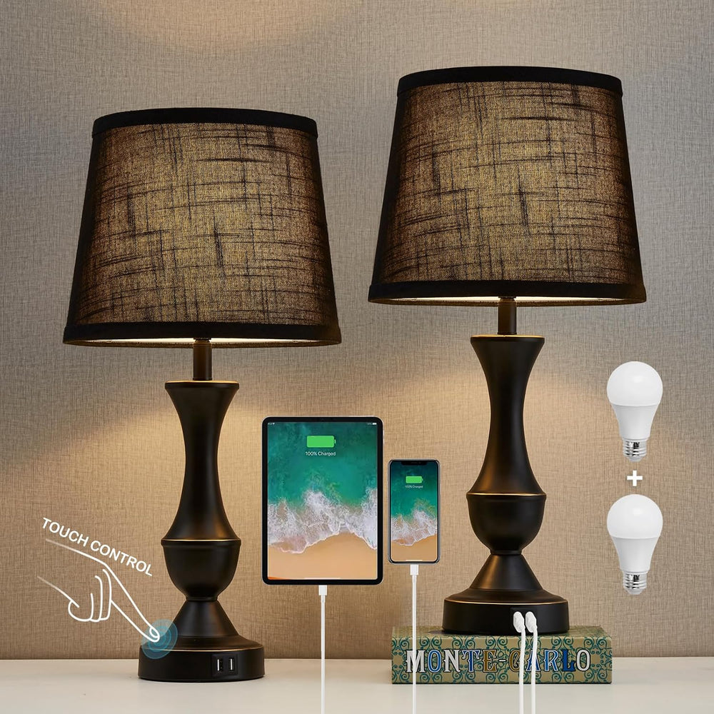 Black Touch Table Lamps Set of 2, 22" Tall Bedside Lamps