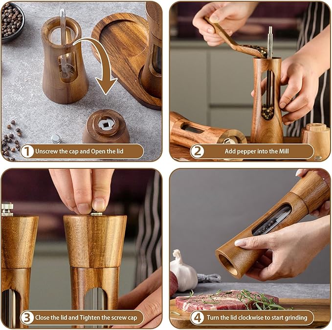 2 Pack Wooden Salt and Pepper Grinder Set — 8 Inch Refillable Salt and Pepper - Image 7