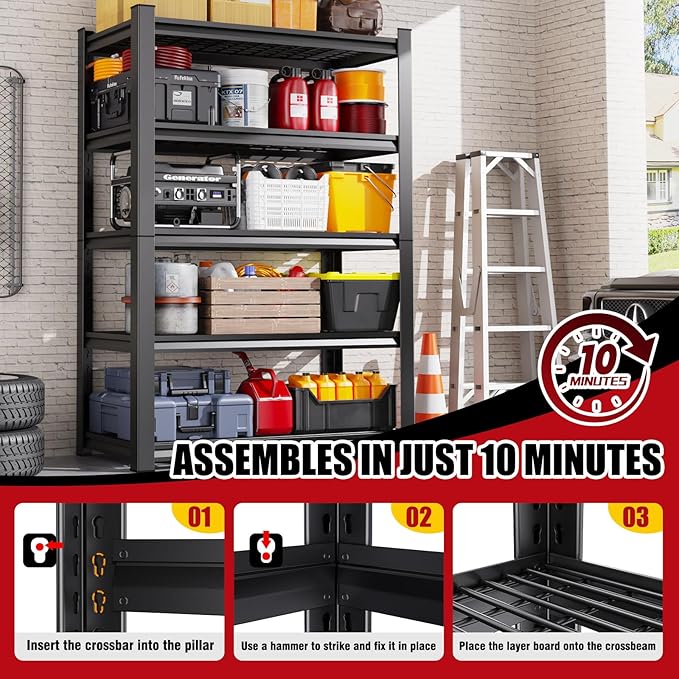 Set of 4 Garage Shelving-3000 lbs 5 Tier Storage Shelves, Adjustable Heavy Duty - Image 5