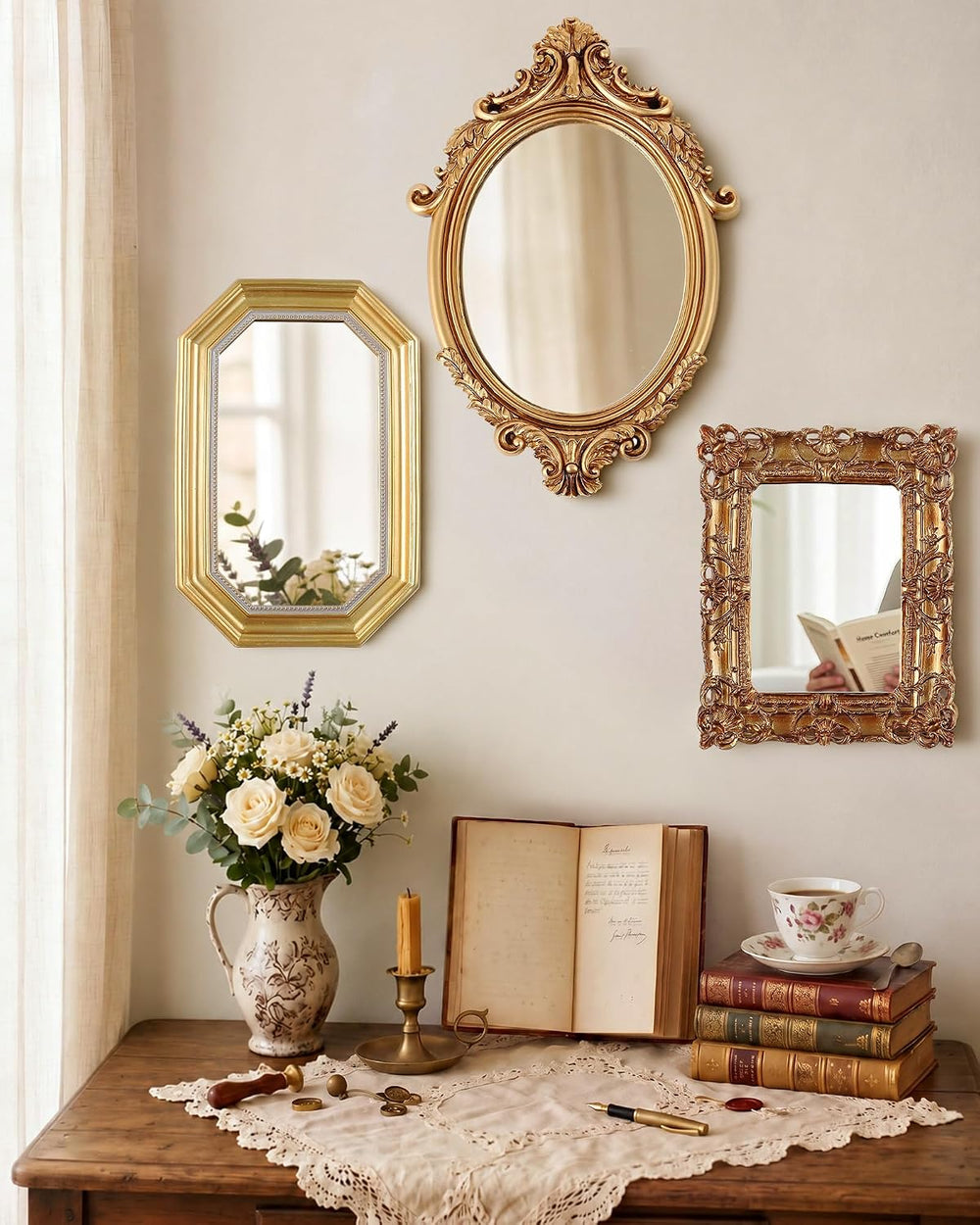 3 Pcs Vintage Gold Wall Mirror Set, Court Baroque Style
