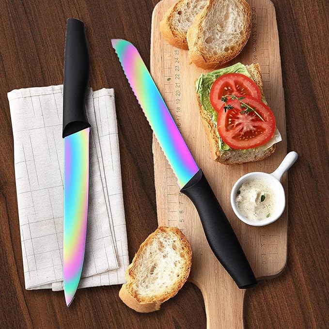 Marco Almond Knife Set with Block, 14 Piece Rainbow Titanium Knife Block Set - Image 6