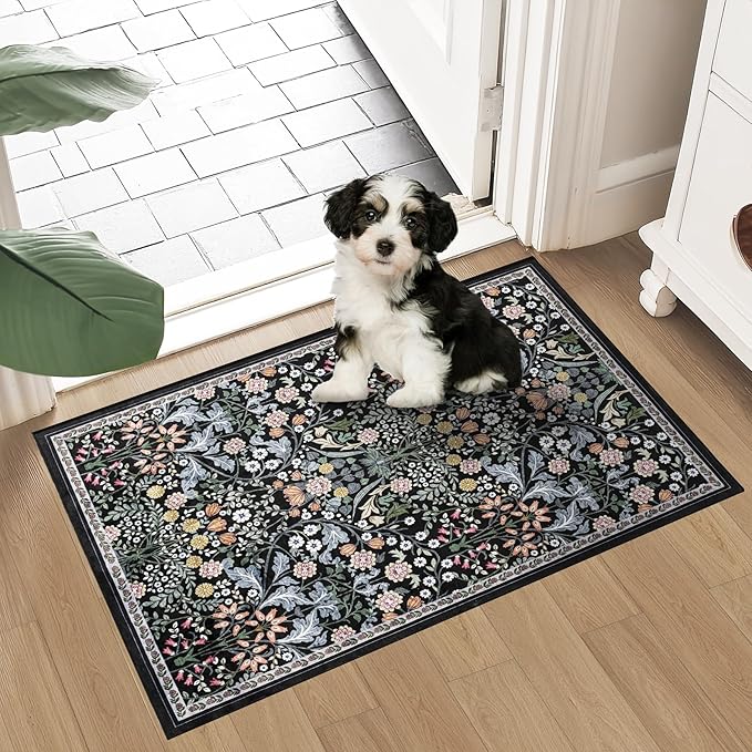 Entryway Rug 2X3 Small Rugs: Floral Washable Door Mat Vintage Soft Low Pile - Image 2