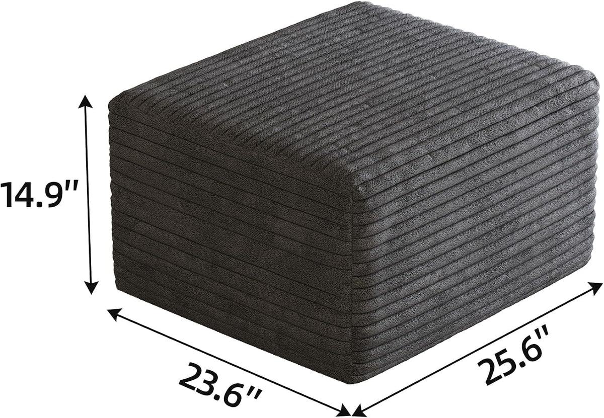 JINGLING 25.6 Inch Plush Corduroy Ottoman, Modular Sectional Foot Rest for Living Room, Upholstered Cloud Ottoman for Boneless Couch in a Box, Compressed Memory Foam, No Assembly Require, Dark Grey