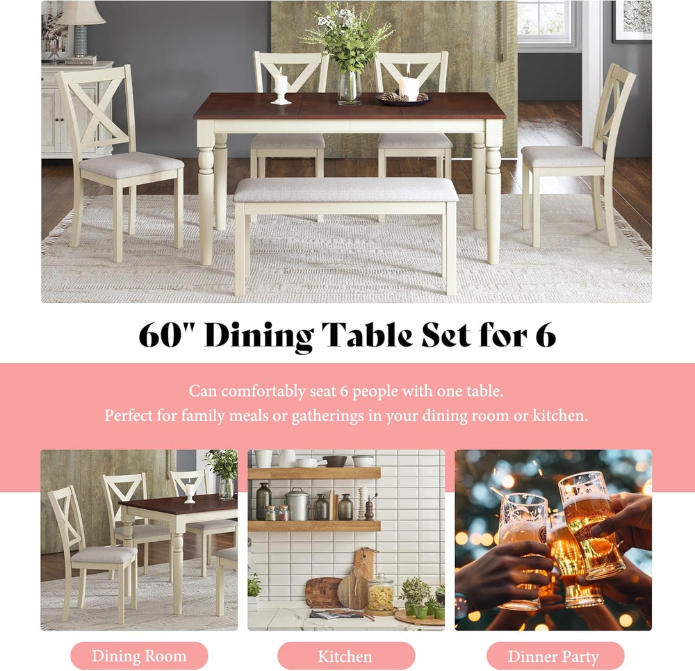 AMERLIFE 6-Piece Farmhouse Dining Table Set for 6-7, 60" Solid Wood Kitc...