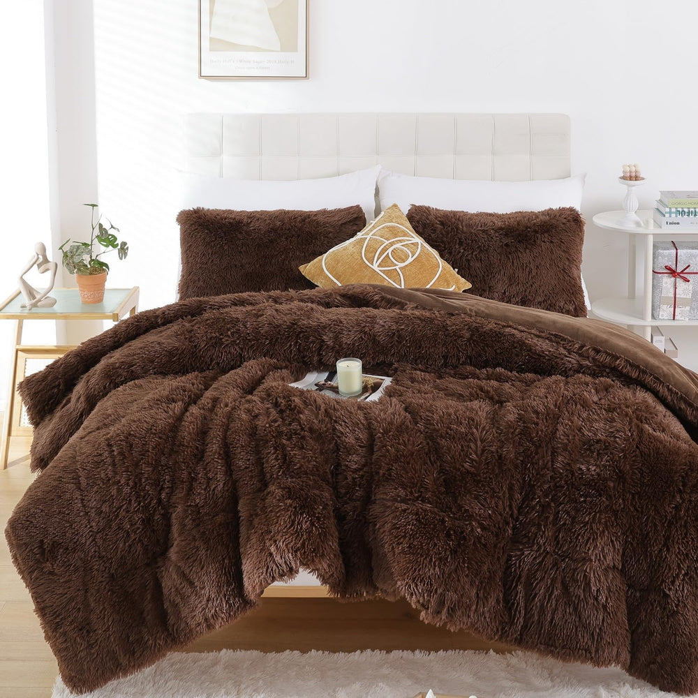 Smoofy Fluffy Queen Comforter Set, Brown Faux Fur Comforter Set 3 Pieces