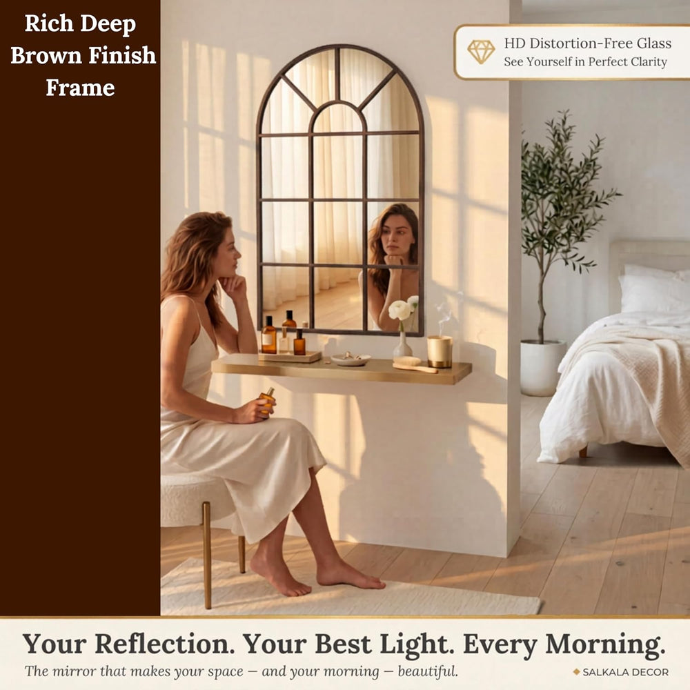 Brown Arched Windowpane Mirror 32x20 Inch, Bathroom Mirror Vanity Mirror for ...