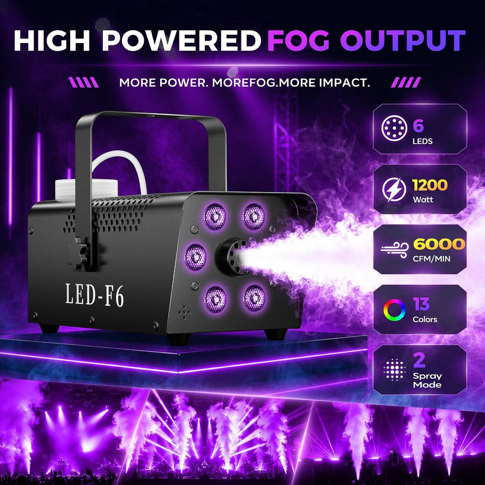 1200W Fog Machine, 6000CFM for Halloween, RGB, Auto Mode & Remote