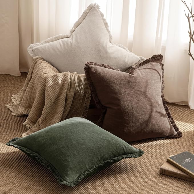MIULEE Decorative Throw Pillow Covers Neutral Linen Fringe Throw Pillows Set of - Image 5