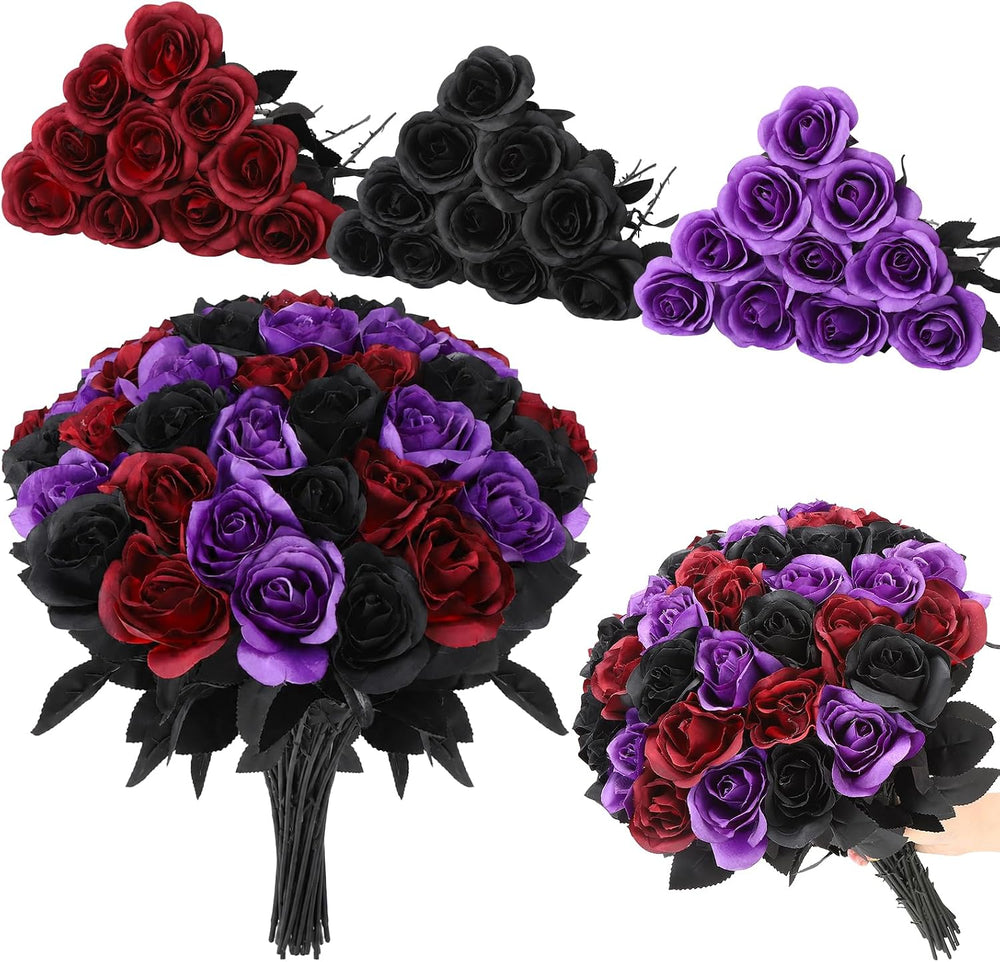 80 Pcs Artificial Roses Long Stem Silk Flower Black Red Purple