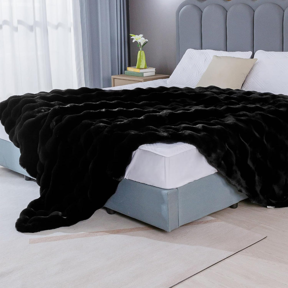 Fluffy Furry Black Faux Fur Throw Blanket for Couch Bed 50x60 Fuzzy Bubble So...