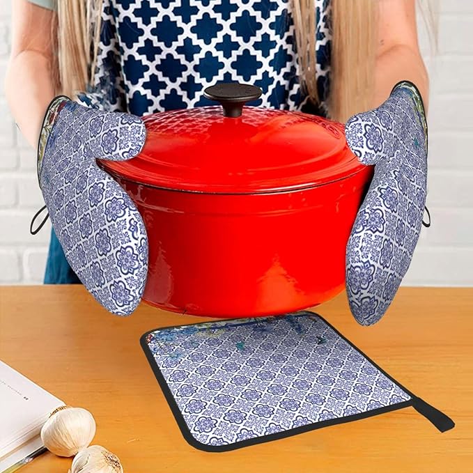 Blue Chinoiserie Oven Mitts Heat Resistant, Cute Floral Pot Holders and Kitchen - Image 7