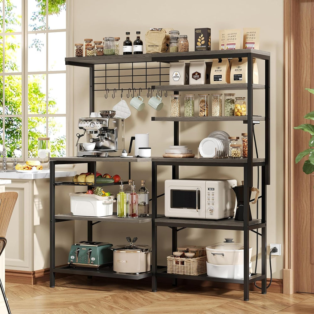 L-Shaped Bakers Rack with Power Outlet, 6-Tier Microwave Stand with Storage, ...