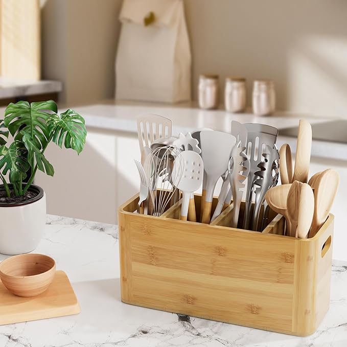 Bamboo Utensil Holder for Kitchen Counter, Extra Large Utensil Organizer for - Image 5