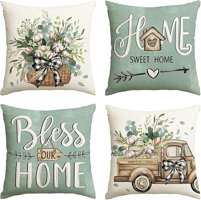 AVOIN colorlife Bless Our Home Farmhouse Eucalyptus Leaves Throw Pillow Covers by AVOINcolorlife