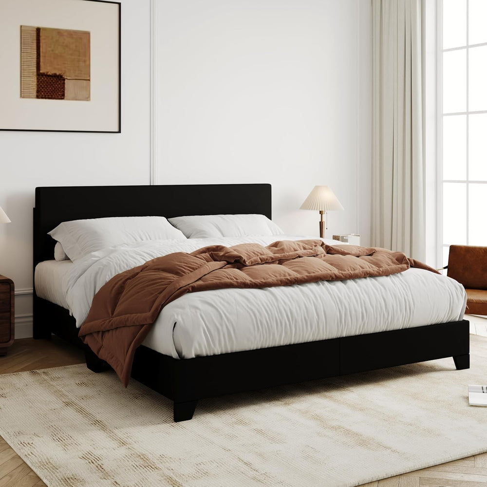 Allewie Full Size Faux Leather Bed Frame, Adjustable Headboard, Black