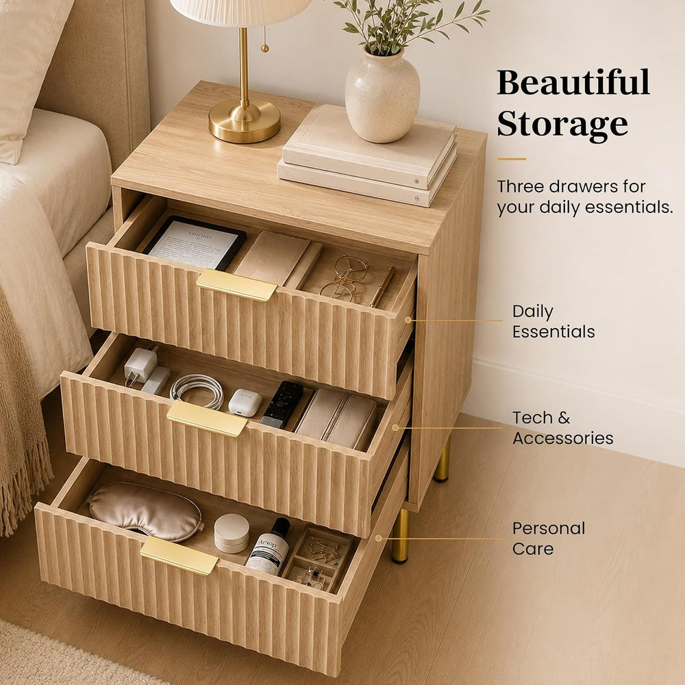 Natural Oak 3-Piece Fluted Dresser and Nightstand Set for Bedroom