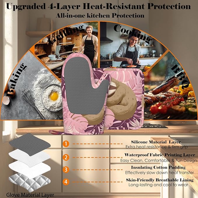 Pink Sloth Heat-Resistant Oven Mitts and Pot Holder Cute Animal Kitchen - Image 4