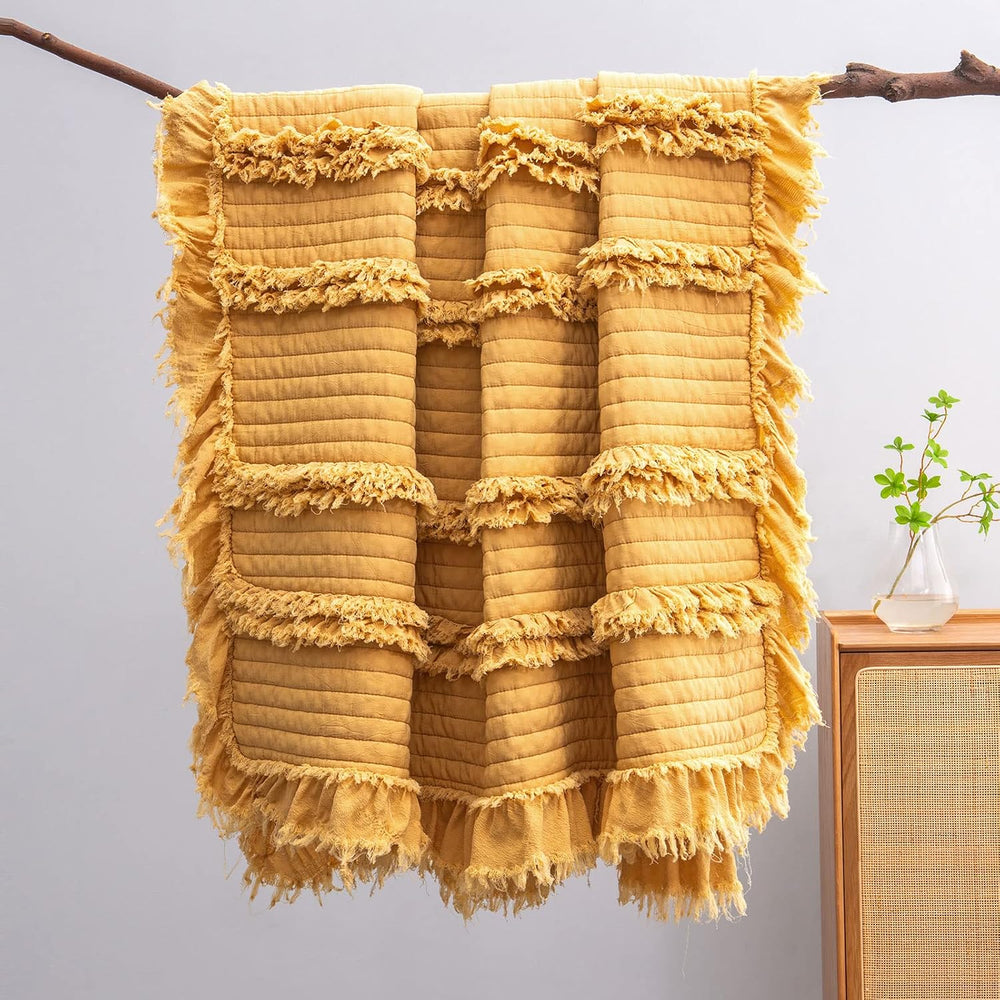 Ultra Soft Pre-Washed Warm Quilted Throw Blanket, Ruffle Fringed Yellow Boho ...