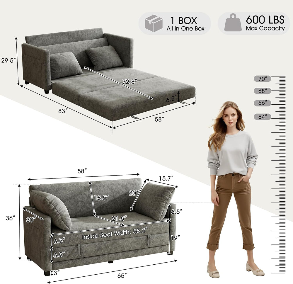 65" Loveseat Sleeper Sofa Bed, Chenille Convertible Floor Sofa Bed for S...