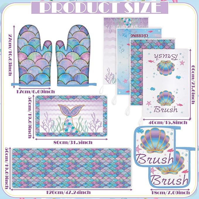 Fourluoo 10 Pcs Mermaid Kitchen Dish Towels Rugs Oven Mitts and Pot Holders Set - Image 3