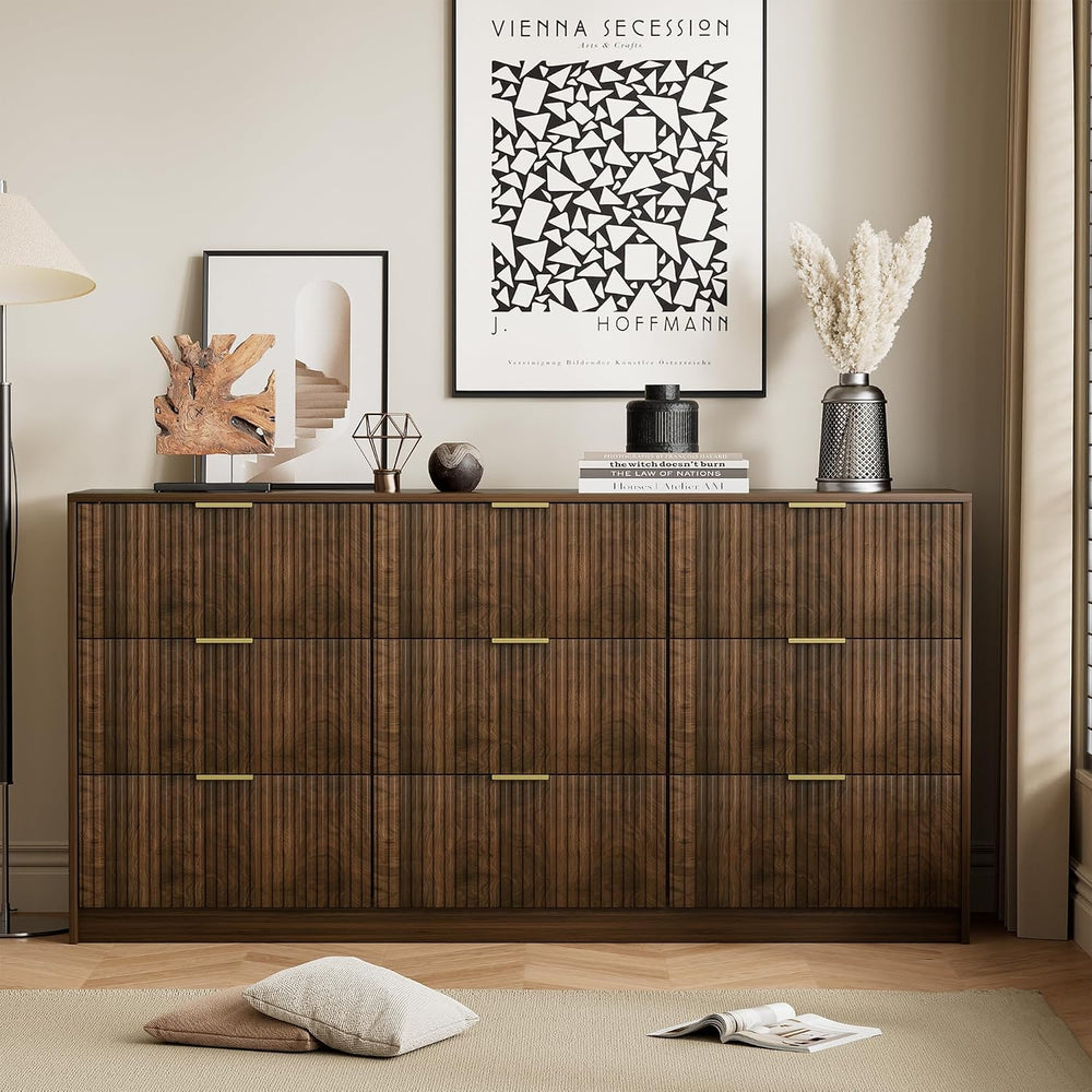 Furniway Walnut 9 Drawer Dresser for Bedroom, 63" Wide Fluted Wood Dresser
