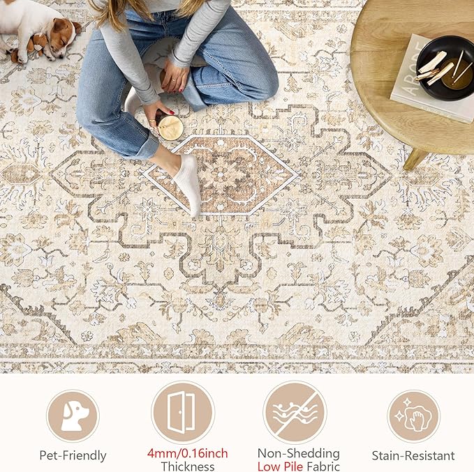 Area Rugs 9x12 Vintage Rug: Large Washable Living Room Rug Retro Medallion - Image 6