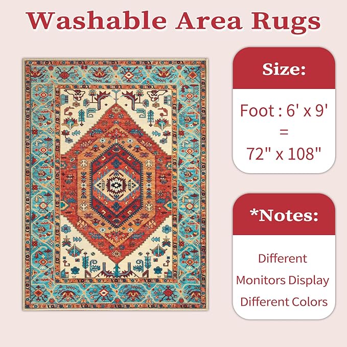 SERISSA Washable Rugs 6x9 Boho Area Rugs, Large Non-Slip Living Room Rug - Image 6