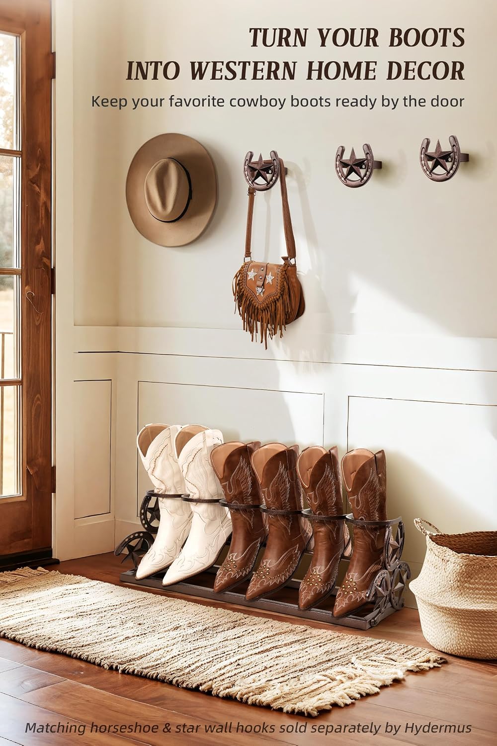 Western Horseshoe Boot Rack, 3 Pairs Freestanding Metal Boot Stand, Bronze | ...