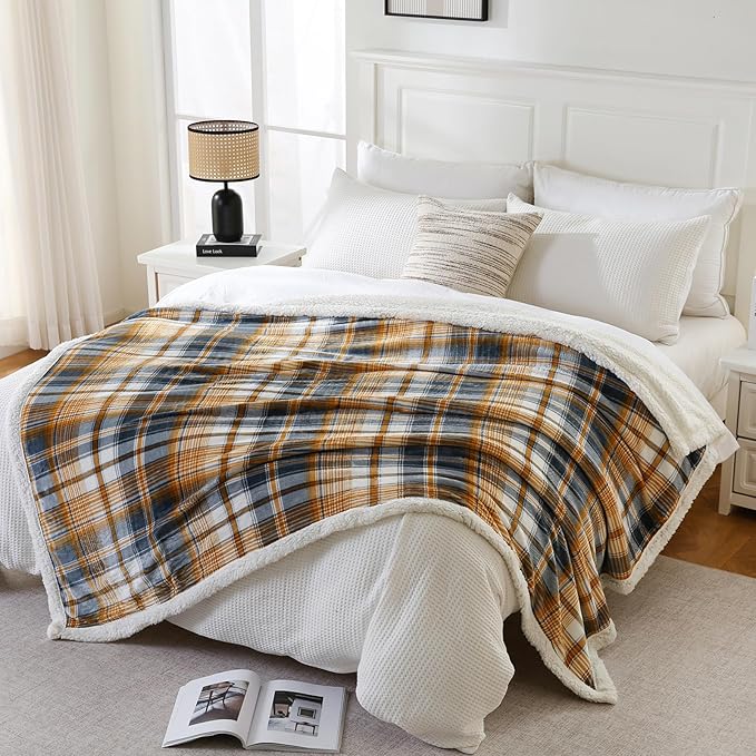 PU MEI Sherpa Blanket Twin Plaid Thick Bed Blanket, 60”*80” Super Soft Flannel - Image 7