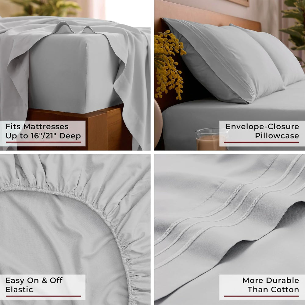 Mellanni Iconic 3-Piece Bed Sheet Set, 16" Deep Pocket (Twin, Light Gray)