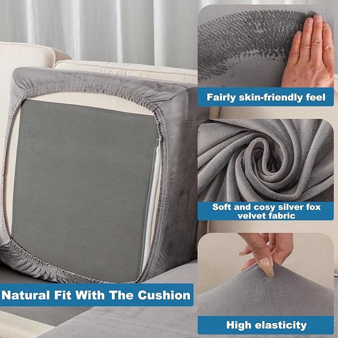 Couch Cover 6-Piece Elastic Velvet Couch Cushion Covers & Chaise Slipcovers - Image 4
