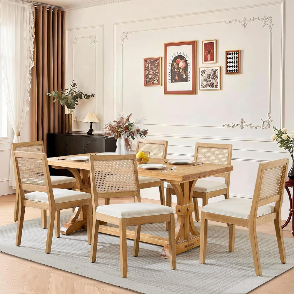 French Dining Chairs Set of 6,Farmhouse Upholstered Linen Chairs with Rattan ...
